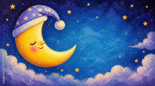 Whimsical Sleeping Moon Character in Blue Night Sky with Glittering Stars