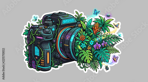 Camera sticker featuring vibrant jungle foliage bursting from a metallic dark gray lens with glowing cyan neon lights and delicate butterflies fluttering around the tropical scene.