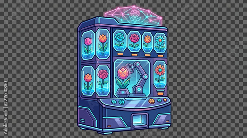 Automated greenhouse machine showcases glowing neon glass pods with vibrant robotic flowers in a high tech design.