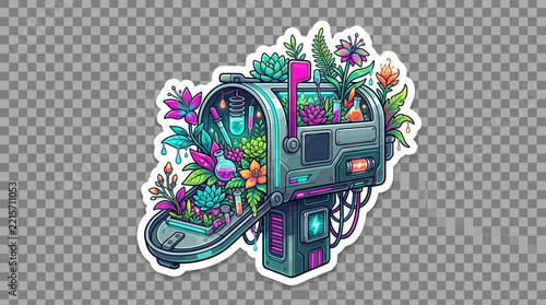 Mailbox transformed into a vibrant terrarium glowing with teal illumination and blooming floral arrangements.