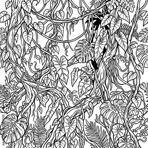 Tropical jungle illustration showcases detailed black ink outlines of winding lianas, large heart-shaped leaves, and dense forest textures on a stark white background.