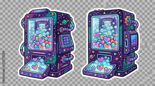 Vending machine glows with neon colors and dispenses colorful heart shapes in a whimsical cosmic design.