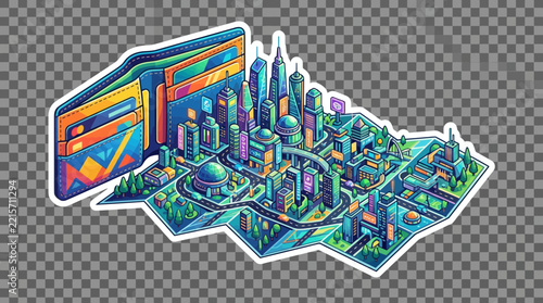Wallet opens up to reveal a vibrant miniature city skyline with glowing lights and intricate architectural textures.