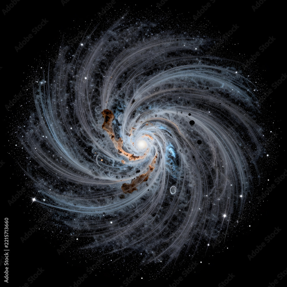 Fototapeta premium Astronomy and space exploration, spiral galaxy with swirling stars and cosmic dust clouds in deep space against a dark black background