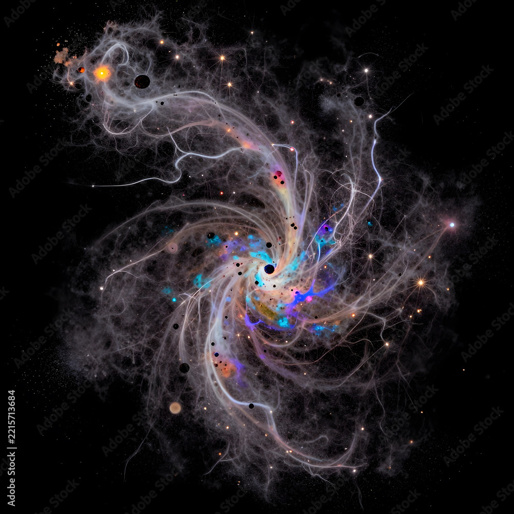 Fototapeta premium Cosmic evolution and galaxy formation abstract space background with swirling nebula clouds glowing stars and dark matter particles in deep universe
