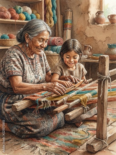 grandparent teaching traditional weaving Elderly woman teaching young girl traditional weaving in a rustic home.