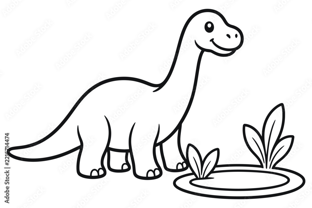 Fototapeta premium Cute long neck dinosaur standing near a pond vector design coloring page