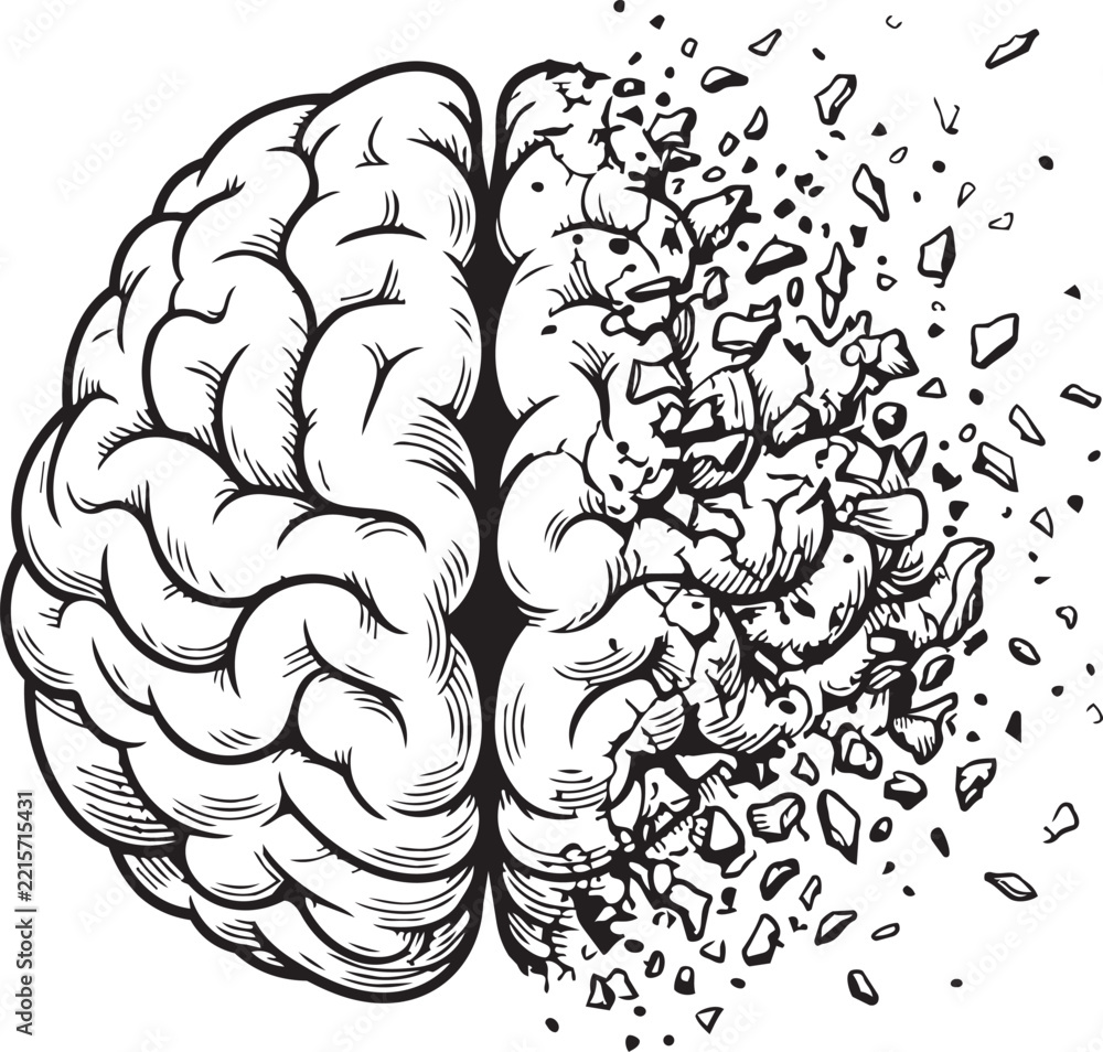 Fototapeta premium Human Brain Disintegration Illustration with Exploding Fragments Isolated