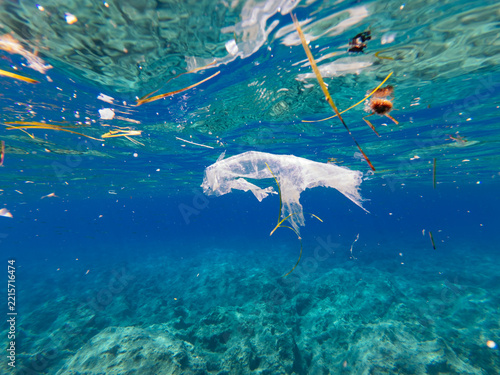 discarded plastic floating in mediterranean water