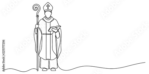 Obraz na plátně Catholic bishop holding pastoral staff and bible in single line art for religious events and spiritual church materials