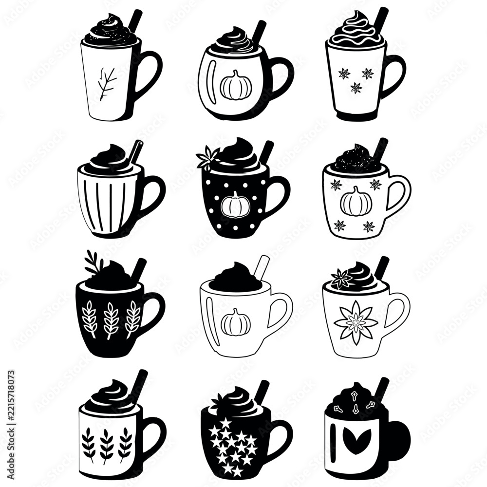 Fototapeta premium Pumpkin Spice Latte Coffee Mug Icons Autumn Fall Drink Vector Art