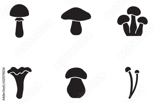 set of six black mushroom silhouette icons. Isolated on transparent background, png