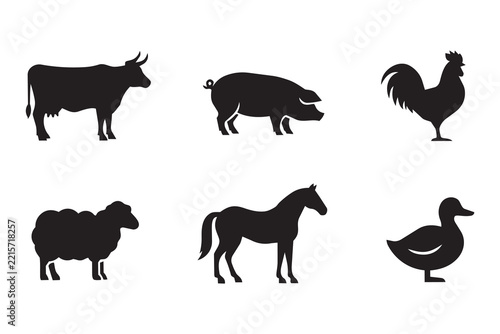 set of farm animal silhouettes including cow, pig, rooster, sheep, horse, and duck . Isolated on transparent background, png