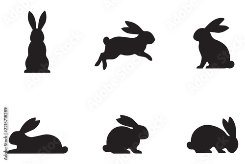 six silhouette illustration of bunny in different poses and perspective . Isolated on transparent background, png