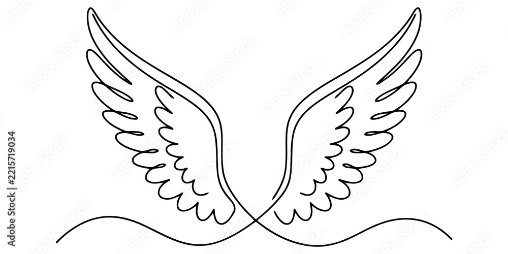 Fototapeta premium Angel wings outline in continuous black line art style represents spiritual freedom grace hope divine angelic symbolism.