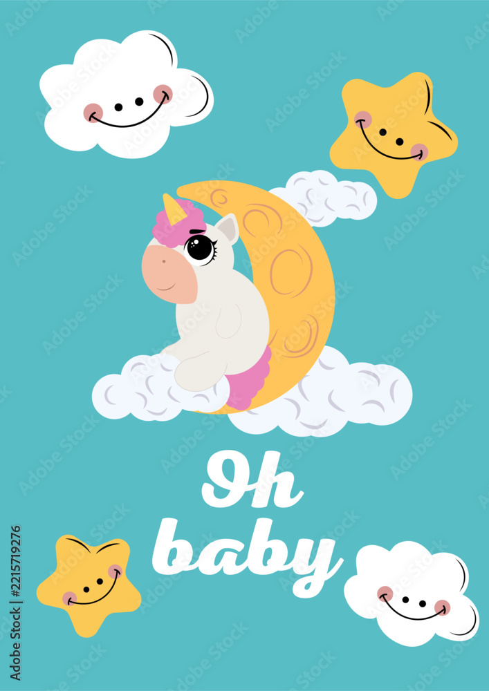 Fototapeta premium Cute baby shower card template with little sleeping unicorn, smiling stars, clouds, moon and balloon