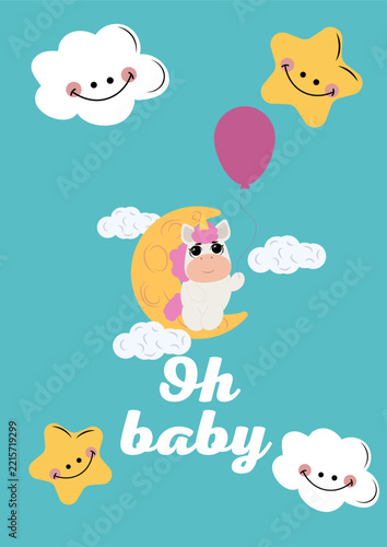 Cute baby shower card template with little sleeping unicorn, smiling stars, clouds, moon and balloon