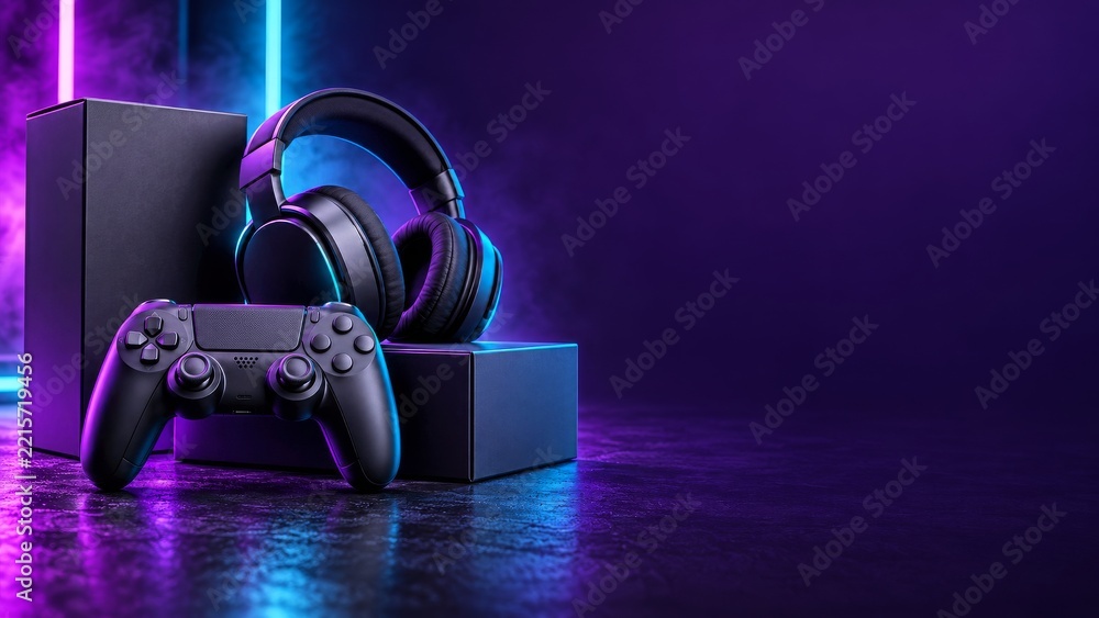 Fototapeta premium Black Gaming Controller and Headphones in Purple and Blue Neon Light