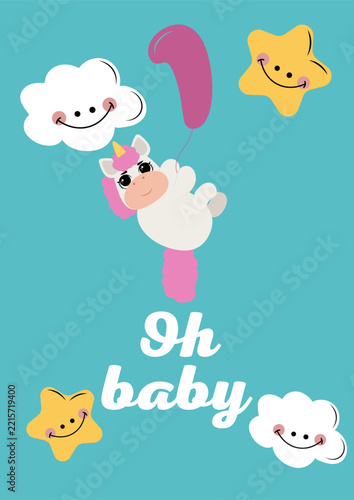 Cute baby shower card template with little sleeping unicorn, smiling stars, clouds, moon and balloon