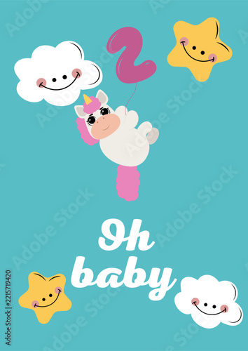 Cute baby shower card template with little sleeping unicorn, smiling stars, clouds, moon and balloon
