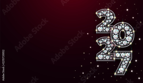 Sparkling diamond numerals forming 2027 decorate the right side of a dark burgundy background, creating an elegant New Year vector banner with space for text on the left.