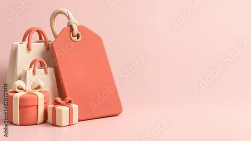 Coral Clay Price Tag with Shopping Bags and Rounded Gift Boxes