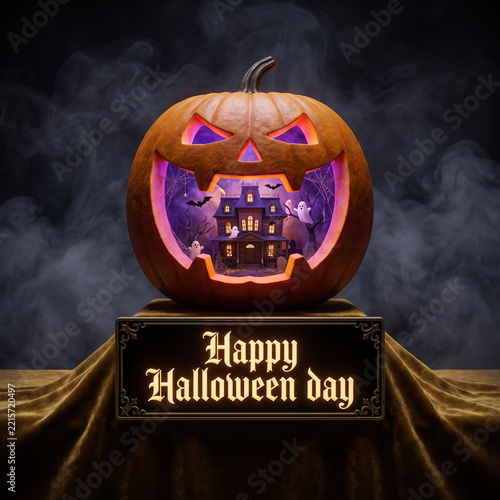 Premium 3D Halloween Ad Creative: Carved Jack-o'-Lantern Revealing a Miniature Haunted House with Ghosts and Purple Glow over Happy Halloween Sign