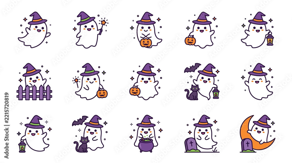 Obraz premium Professional Halloween Themed Ghost Characters with Witch Hats Jack O Lanterns and Spooky Accessories in Vibrant Purple Orange and Black