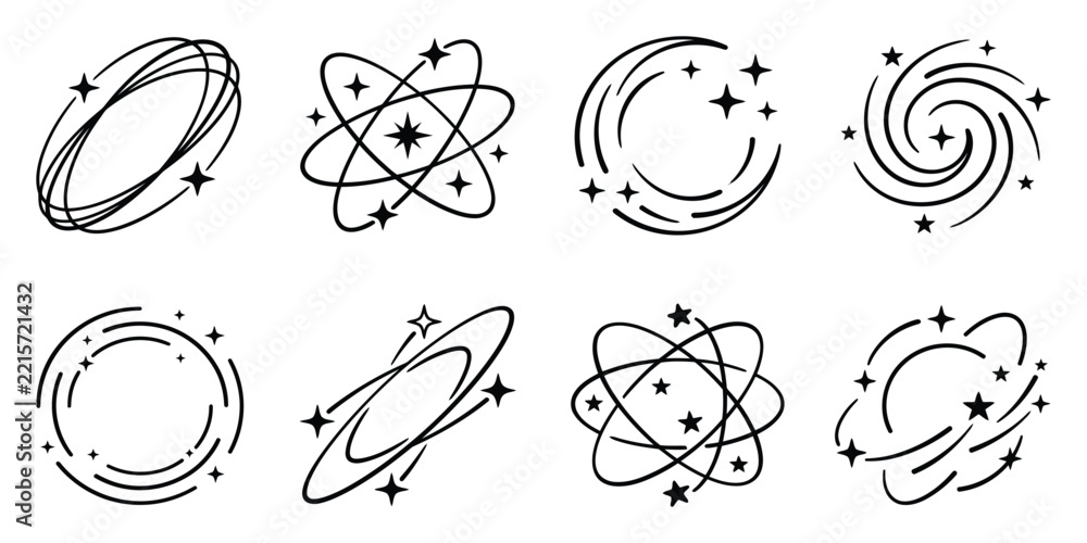 Fototapeta premium Set of eight vector icons depicting stars orbiting a central point, symbolizing dizziness, confusion, impact, or a state of being stunned.