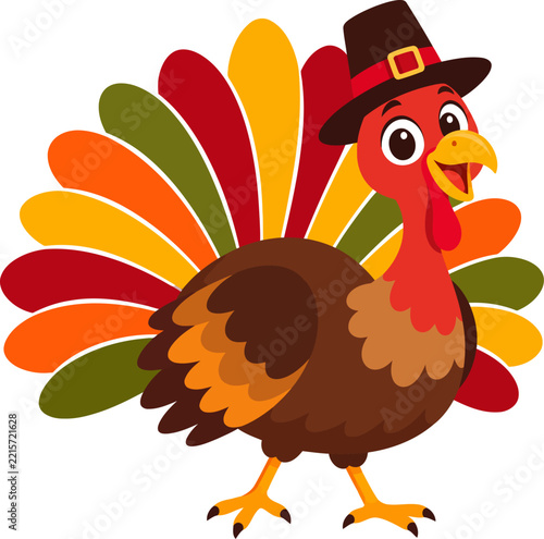 Cute cartoon Thanksgiving turkey vector illustration wearing a pilgrim hat with bright autumn feathers.