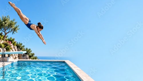 Woman diving headfirst above an outdoor pool against a spacious blue sky