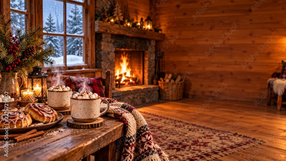 Naklejka premium Steaming Cocoa and Cinnamon Rolls Beside a Rustic Cabin Fireplace