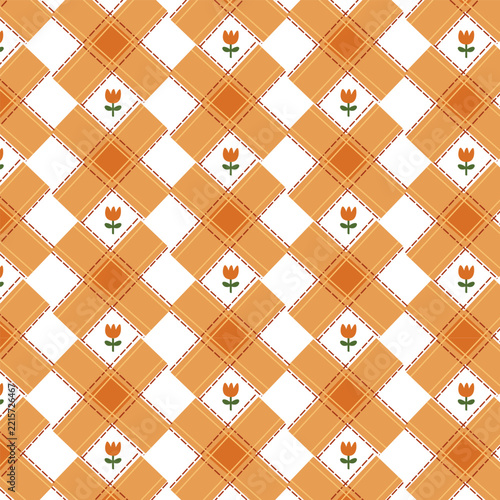 Orange tartan  gingham plaid and checkered picnic flower autumn fabric textured background