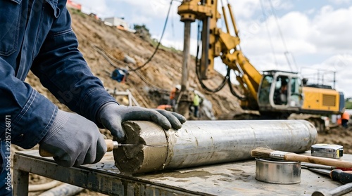 Geotechnical technician trimming undisturbed soil core sample with knife at drilling site   