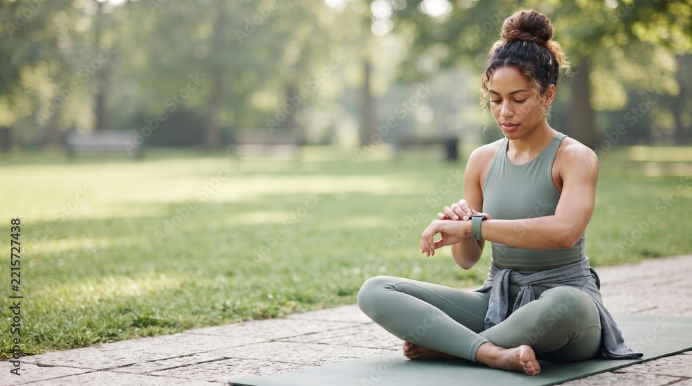 Fototapeta premium Female athlete setting smartwatch before outdoor workout