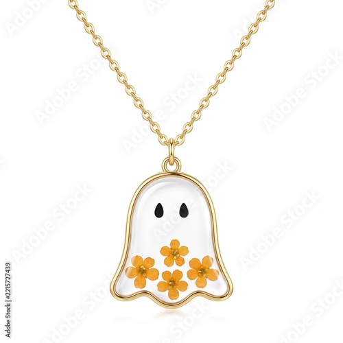 Elegant Gold Ghost Pendant Necklace with Transparent Resin and Orange Flowers.