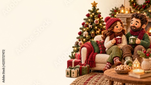 Felt Couple Sharing Cocoa Beside a Decorated Christmas Tree and Fireplace