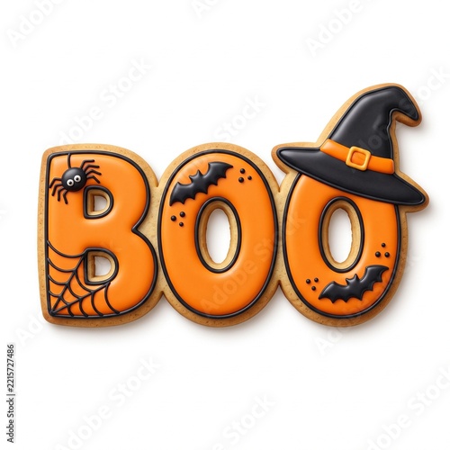 Halloween BOO Sugar Cookie with Orange Icing and Spiderweb Decoration.