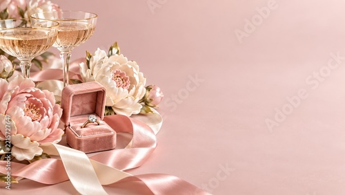 Diamond Ring in a Pink Velvet Box with Porcelain Peonies and Champagne