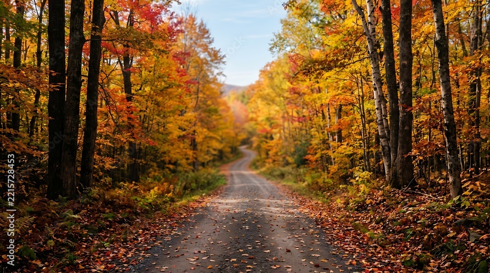 Fototapeta premium Autumn forest landscape with gravel road winding through colorful