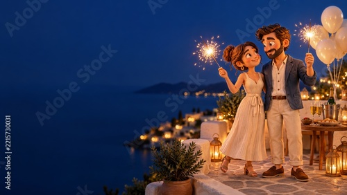 Couple Holding Sparklers on a Coastal Terrace with White and Gold Balloons