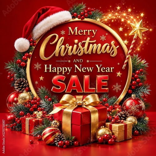 Merry Christmas and Happy New Year Sale Banner with Gifts and Decorations 