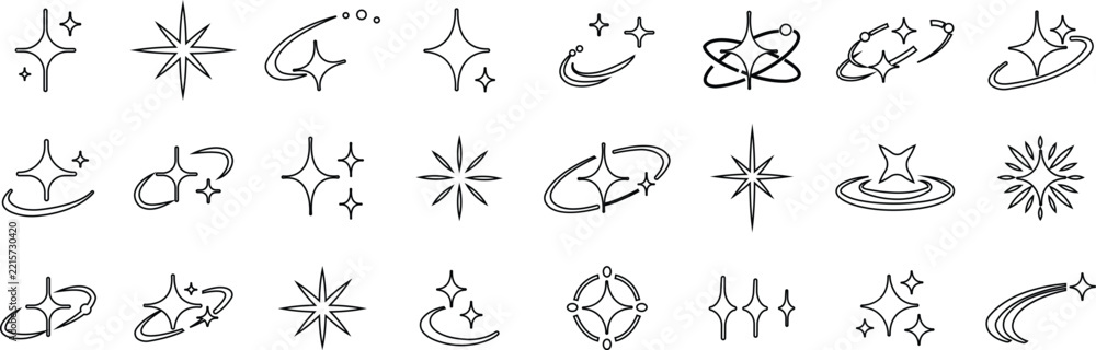 Fototapeta premium Sparkle stars set, collection and group of shining magic icons, twinkle, glitter, glow, sparkle, celestial decorative symbols in line vector style, radiant ornament burst