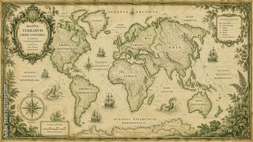 Vintage illustration depicting an ornate antique world map from the eighteenth century