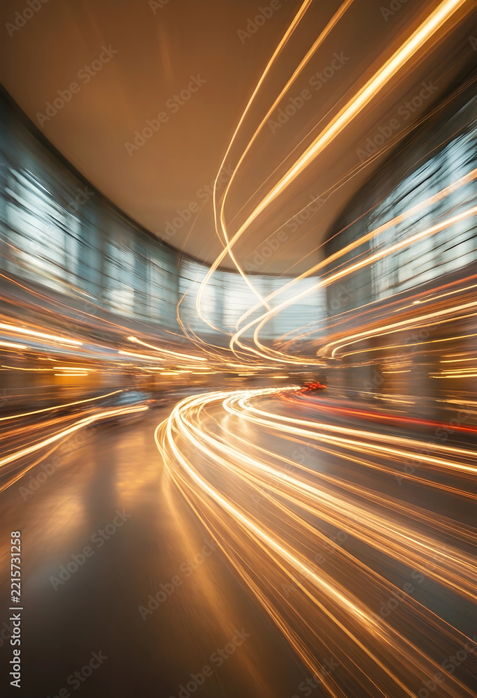 Fototapeta premium Urban mobility and transportation infrastructure, light trails from traffic in a modern city tunnel at night with motion blur and speed