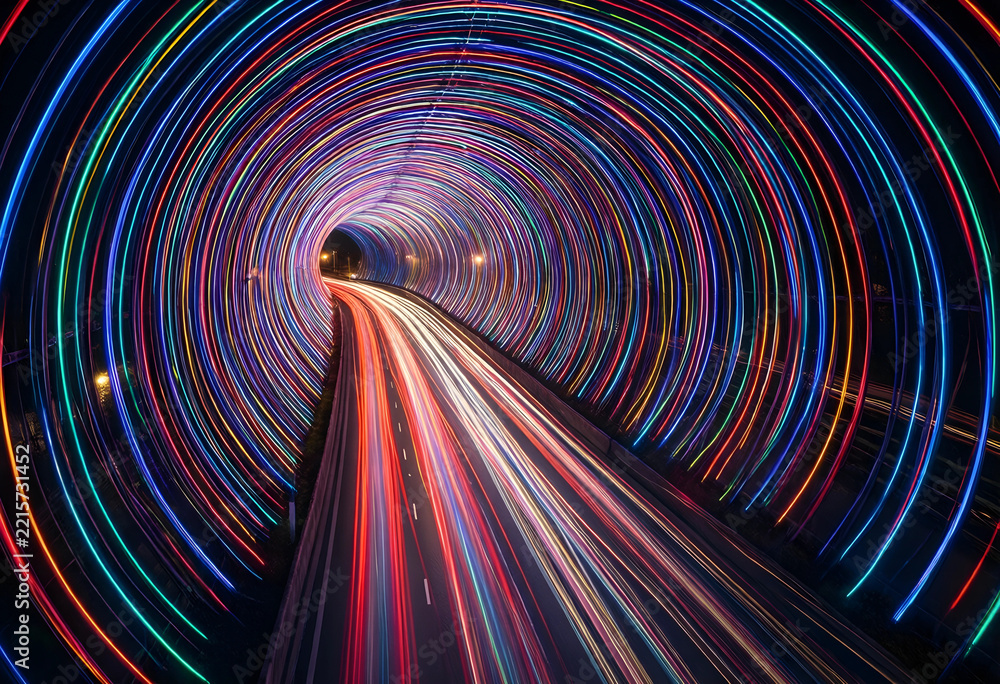 Fototapeta premium Future technology and digital transformation, high speed motion blur of light trails in a futuristic tunnel for connectivity and innovation concepts