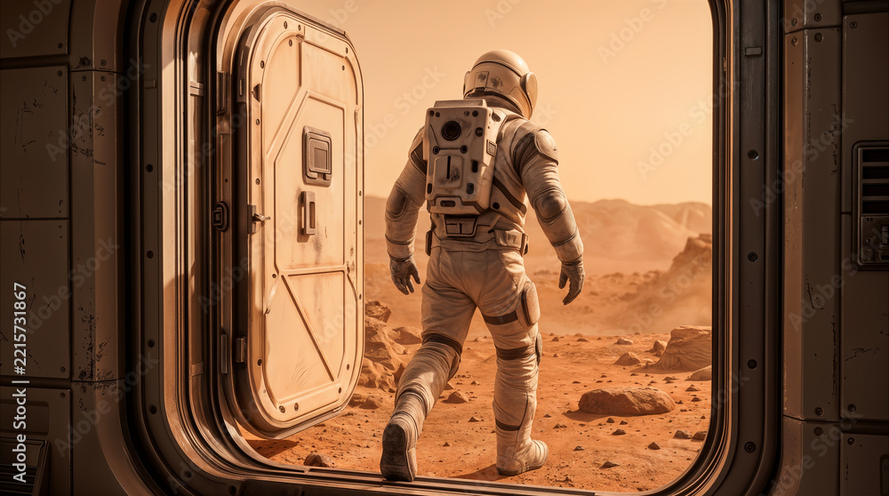 Fototapeta premium Interplanetary explorer stepping out of habitat airlock onto red desert planet surface. Concept of future space mission and colonization on Mars-like environment.