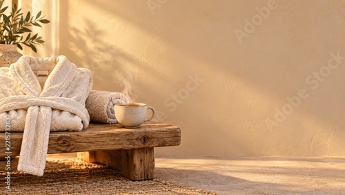 Cream Bathrobe and Rolled Towel with Hot Tea on a Rustic Wooden Bench