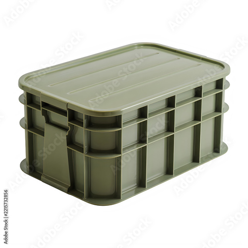 Green Plastic Storage Box with Lid Isolated on White