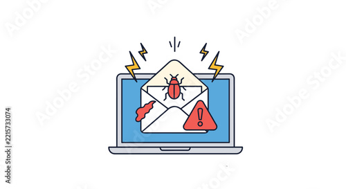 Cybersecurity warning concept showing an email with a bug and alert sign on a laptop screen for virus threat.